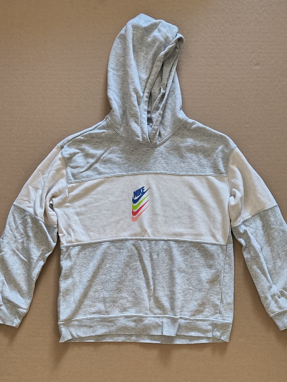 Nike Light Gray and White Pullover Hoodie with Multicolor Swoosh